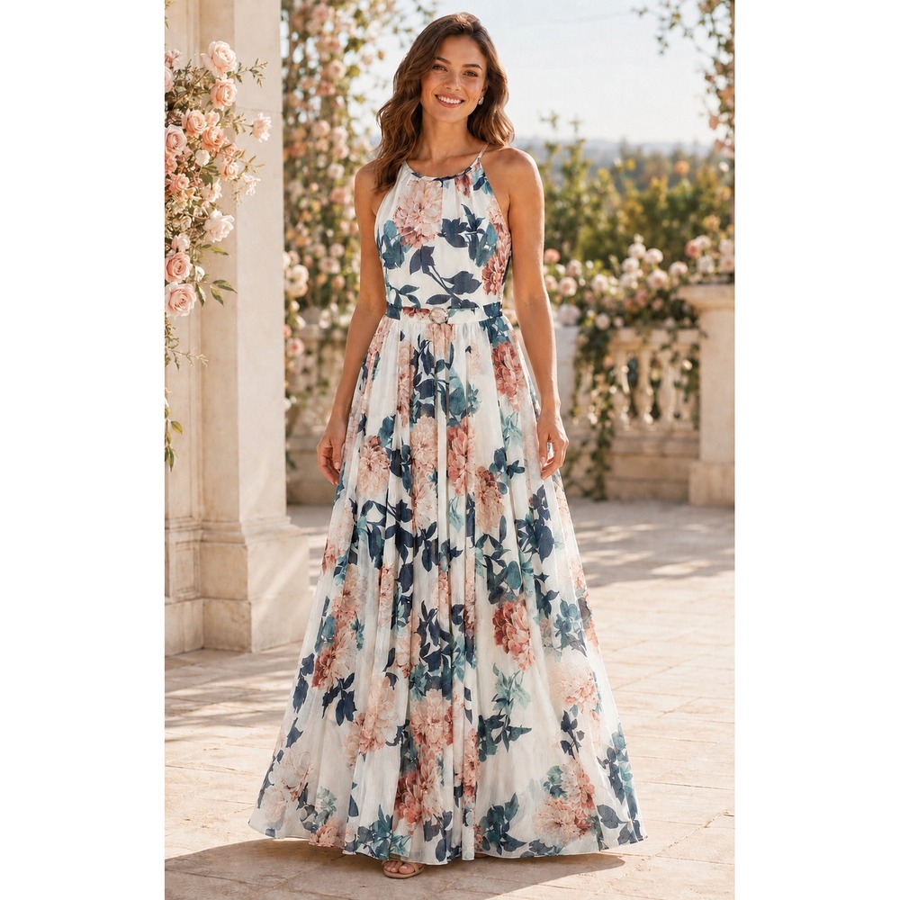 Alexa B‎ Nites Maxi Dress Floral Shimmer Rhinestone Gown White Women 8 Romantic